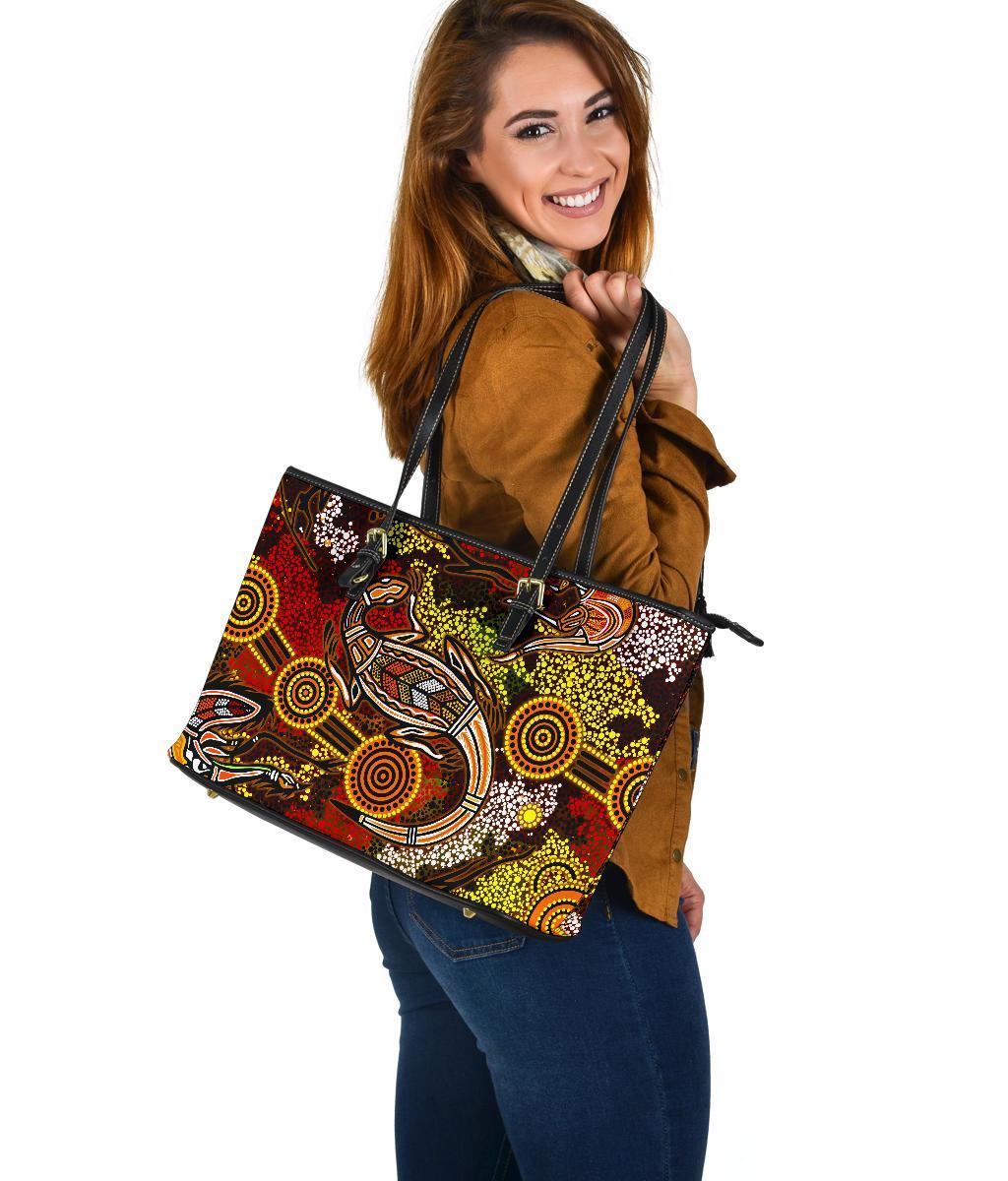 aboriginal-leather-tote-bag-kangaroo-and-lizard-dot-painting-art