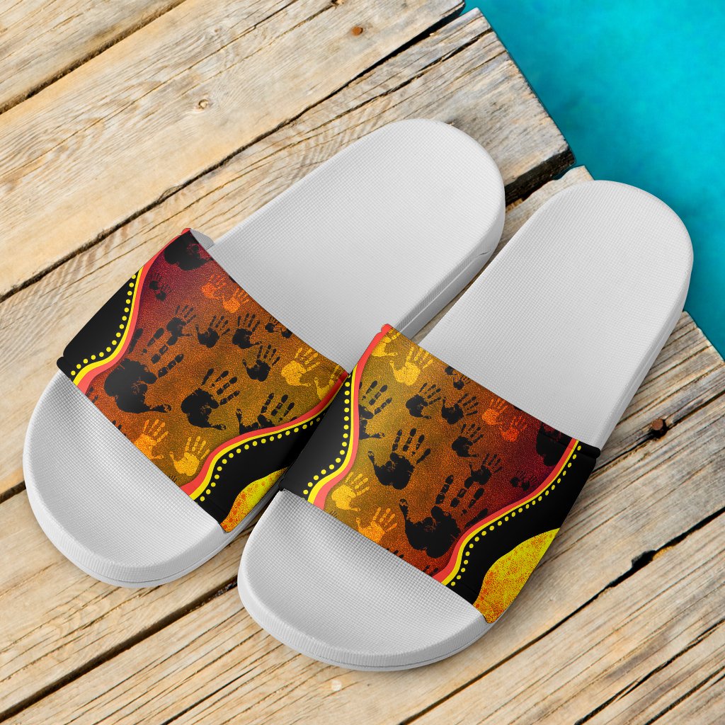 slide-sandals-indigenous-rock-painting-hand-art-golden-style-white