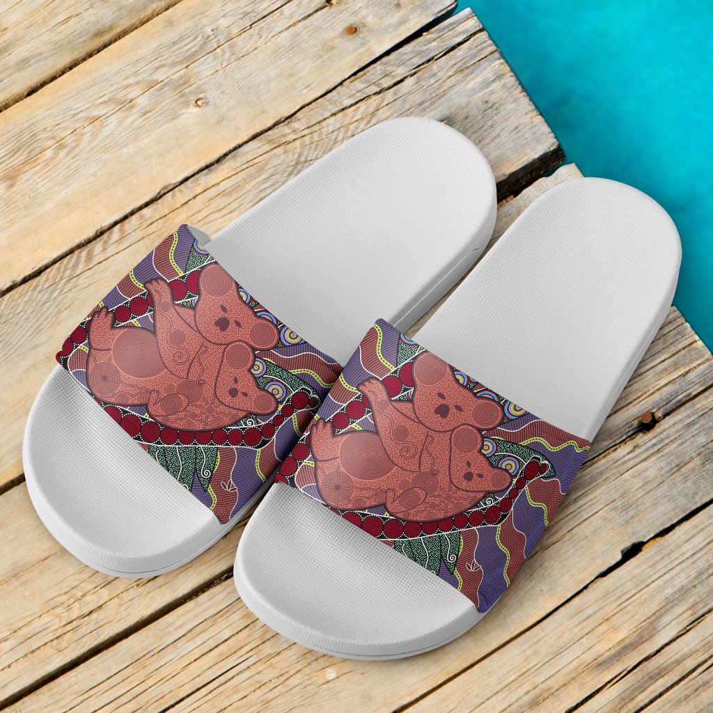aboriginal-slide-sandals-koala-sun-dot-painting-circle-patterns-white