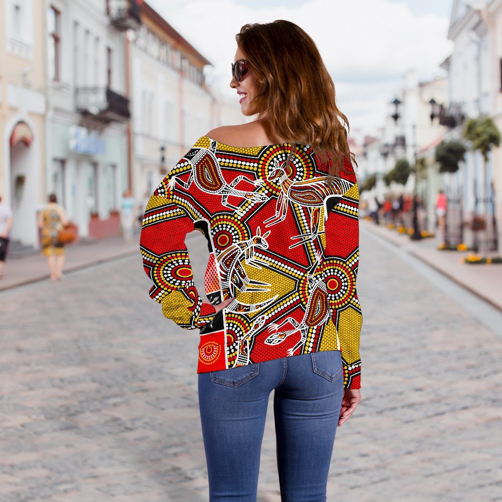 Aboriginal Women's Off Shoulder Sweater, Kangaroo Dot Painting Patterns - Vibe Hoodie