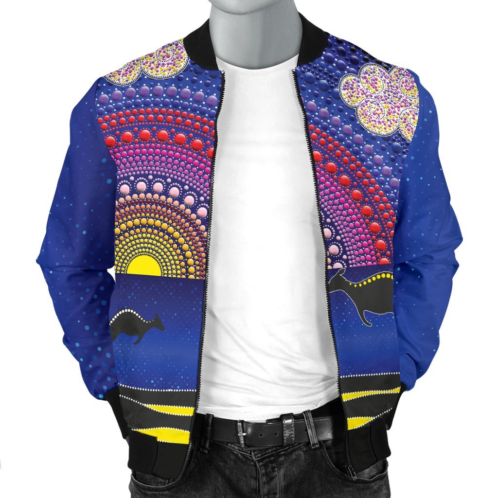 aboriginal-mens-bomber-jacket-sunset-over-the-sea-and-kangaroo-dot-painting