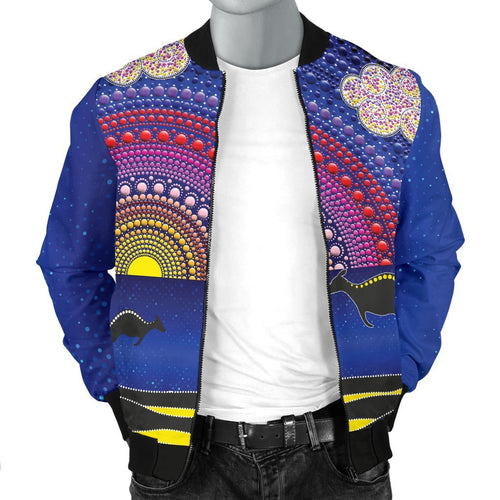 aboriginal-mens-bomber-jacket-sunset-over-the-sea-and-kangaroo-dot-painting