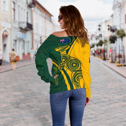 Rugby Off Shoulder Sweaters - Australian Rugby Kangaroo & Aboriginal Patterns - Vibe Hoodie