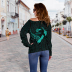 New Zealand Heart Women's Off Shoulder Sweater - Map Kiwi mix Silver Fern Turquoise - Vibe Hoodie