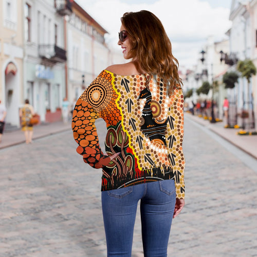Off Shoulder Sweater - Australian Aboriginal Sun and Emu - Vibe Hoodie