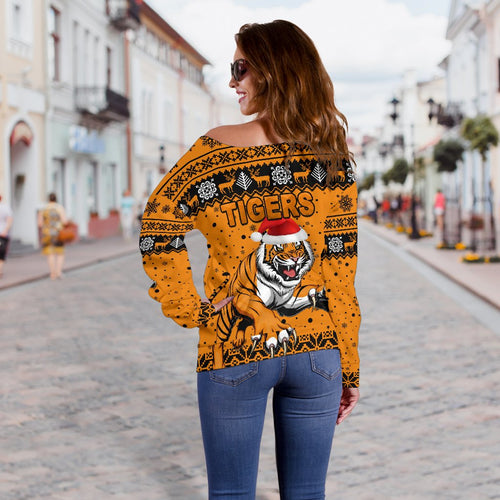 Wests Christmas Women's Off Shoulder Sweater Tigers Unique Vibes - Orange - Vibe Hoodie