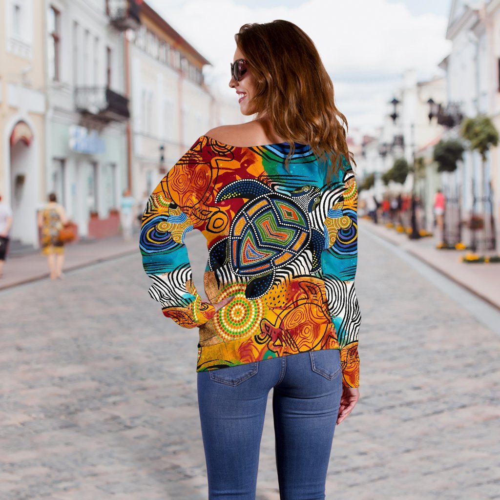 Aboriginal Personalised Off Shoulder Sweater - Turtle Indigenous Art - Vibe Hoodie