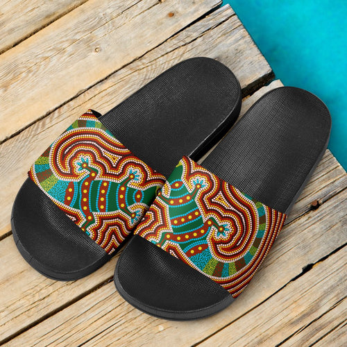 slide-sandals-aboriginal-dot-painting-bag-lizard-patterns