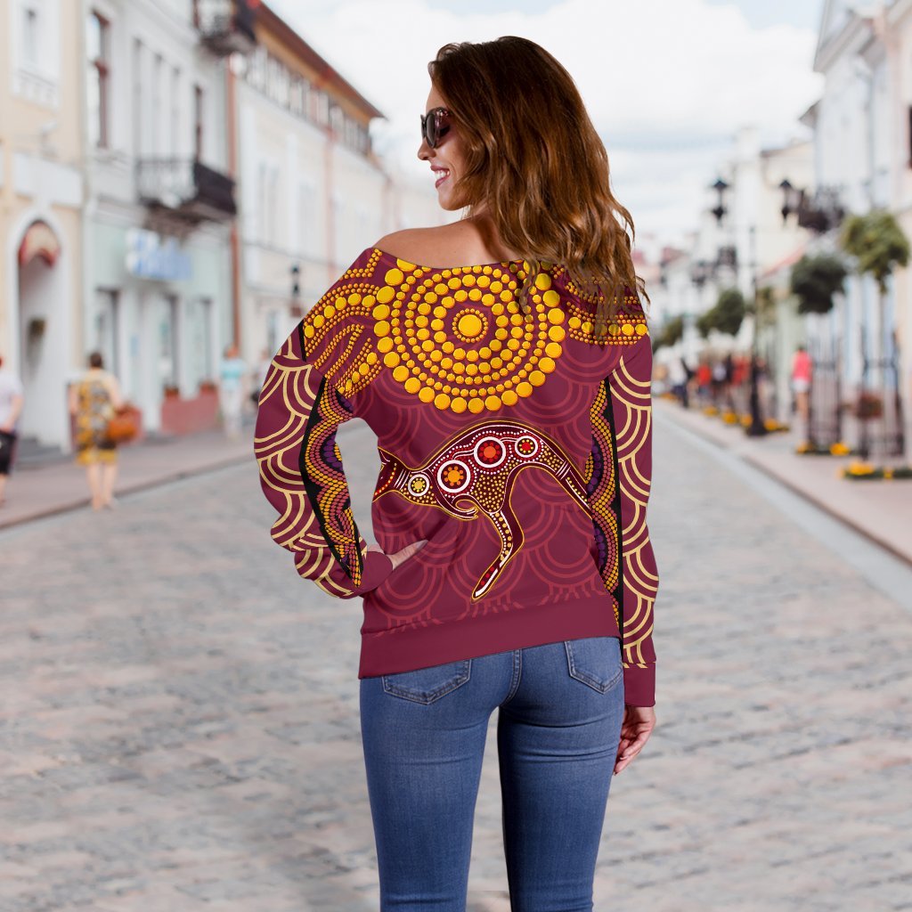 Aboriginal Women's Off Shoulder Sweater - Aboriginal Kangaroo - Vibe Hoodie
