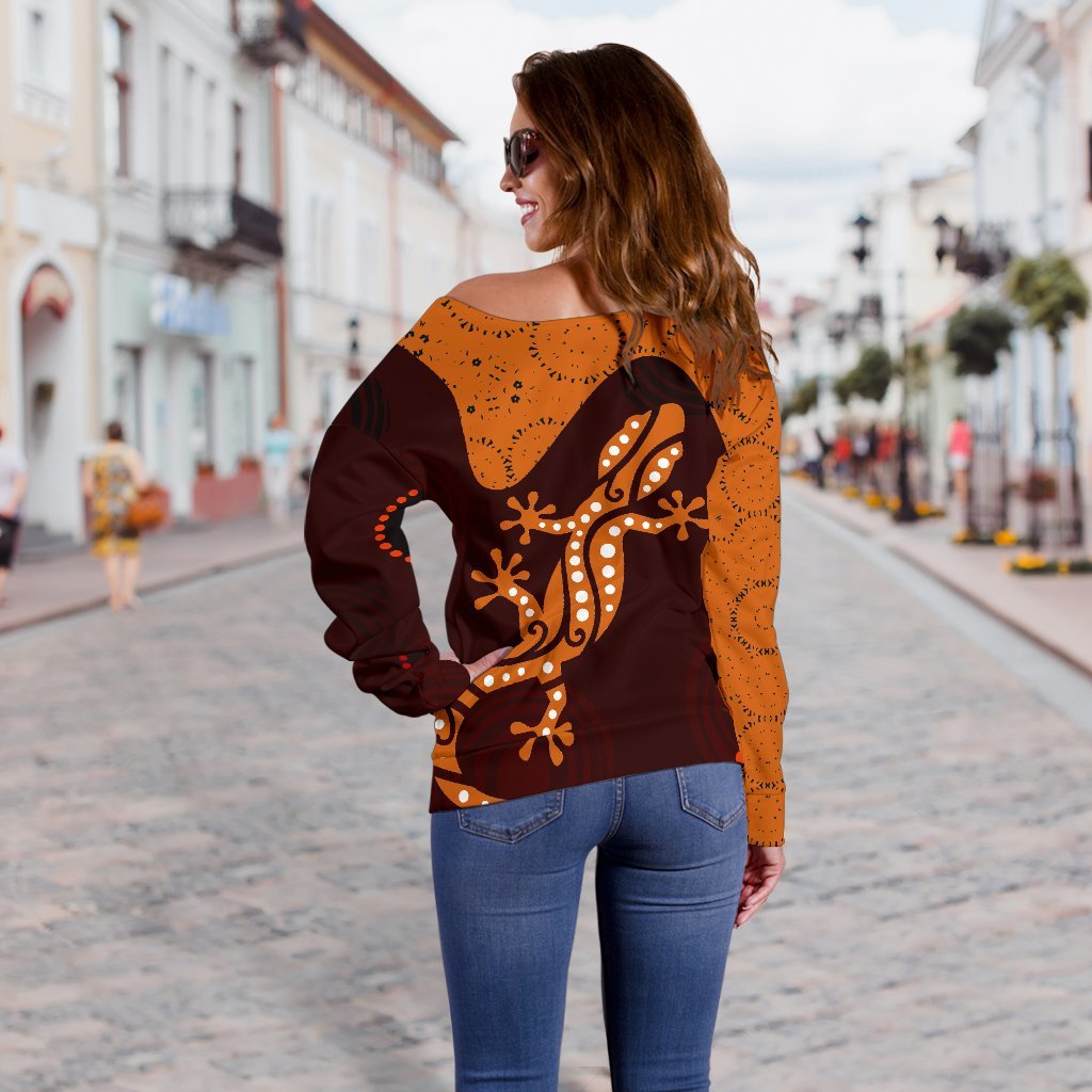 Aboriginal Women's Off Shoulder Sweater - Lizard in Aboriginal Dreaming - Vibe Hoodie