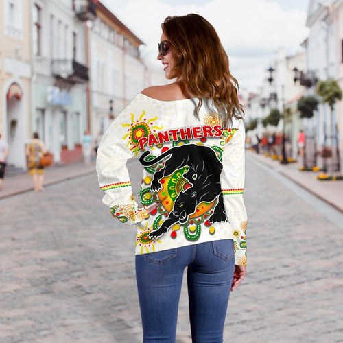 Penrith Women Off Shoulder Sweater Indigenous Panthers - White - Vibe Hoodie