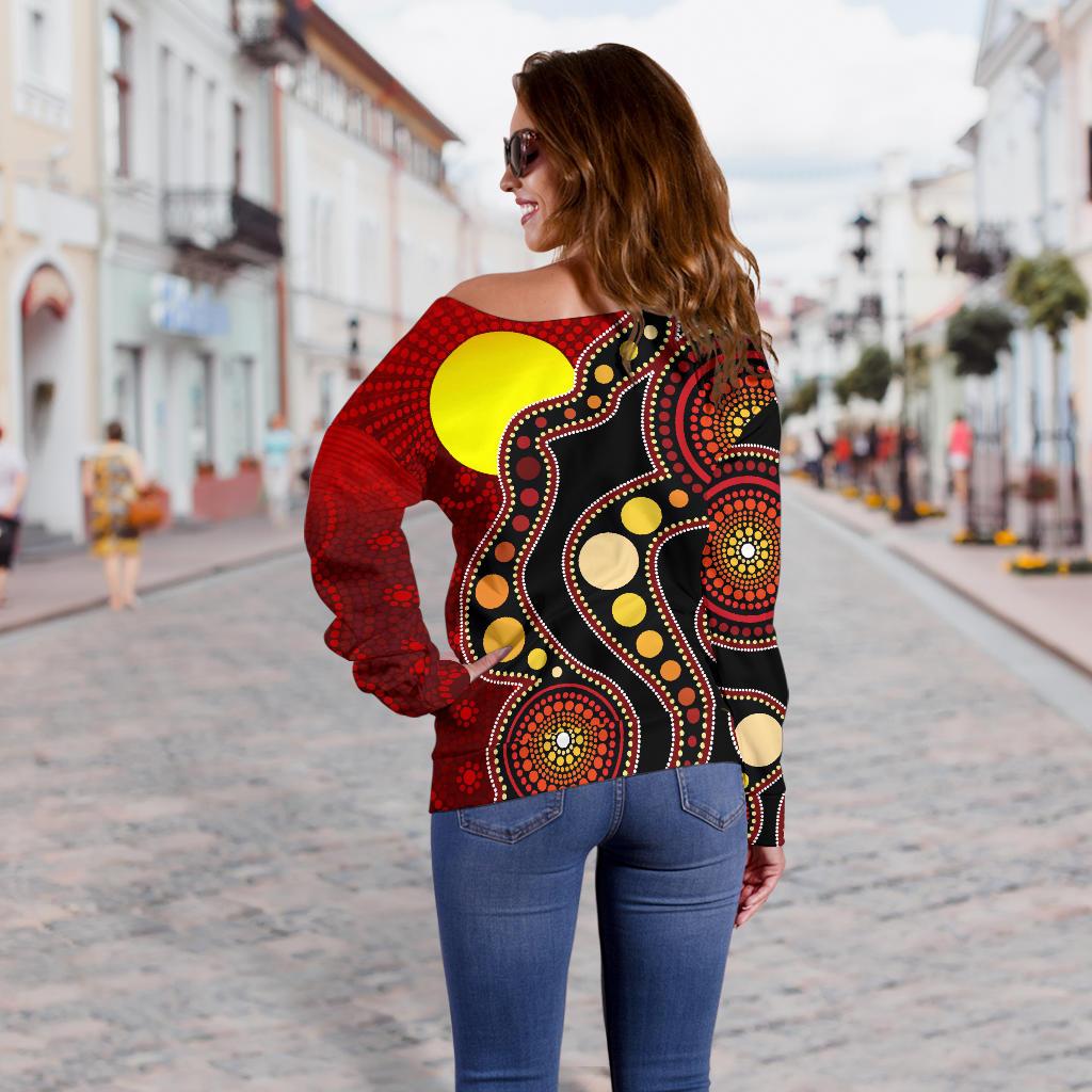 Aboriginal Off Shoulder Sweater, Australia Aboriginal Lives Matter Flag Circle Dot Painting Art Sweater - Vibe Hoodie