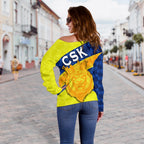 CSK Women Off Shoulder Sweater Cricket Sporty Style - Vibe Hoodie