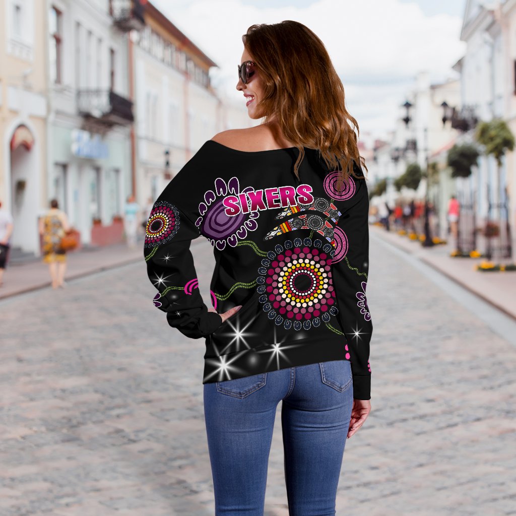 Sydney Women's Off Shoulder Sweater Sixers Indigenous - Black - Vibe Hoodie