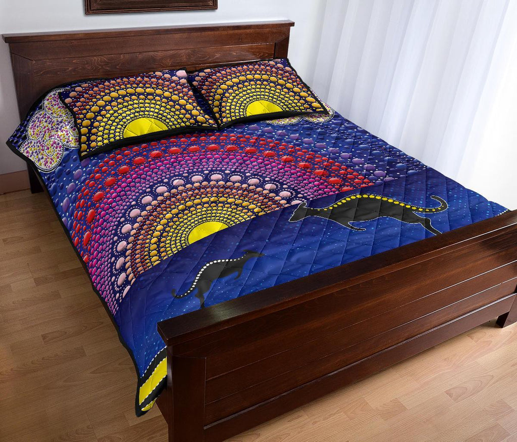 aboriginal-quilt-bed-set-sunset-over-the-sea-and-kangaroo-dot-painting