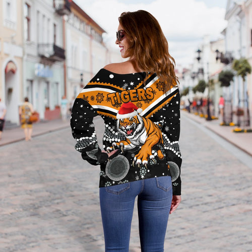 Wests Christmas Women's Off Shoulder Sweater Tigers Indigenous - Vibe Hoodie