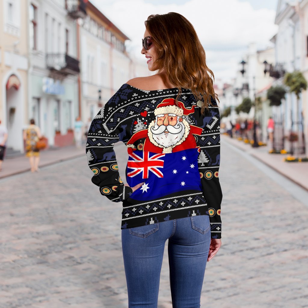 Christmas Women's Off Shoulder Sweater - Australia Santa Claus Hold The Flag ( Black) - Vibe Hoodie