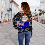 Christmas Women's Off Shoulder Sweater - Australia Santa Claus Hold The Flag ( Black) - Vibe Hoodie