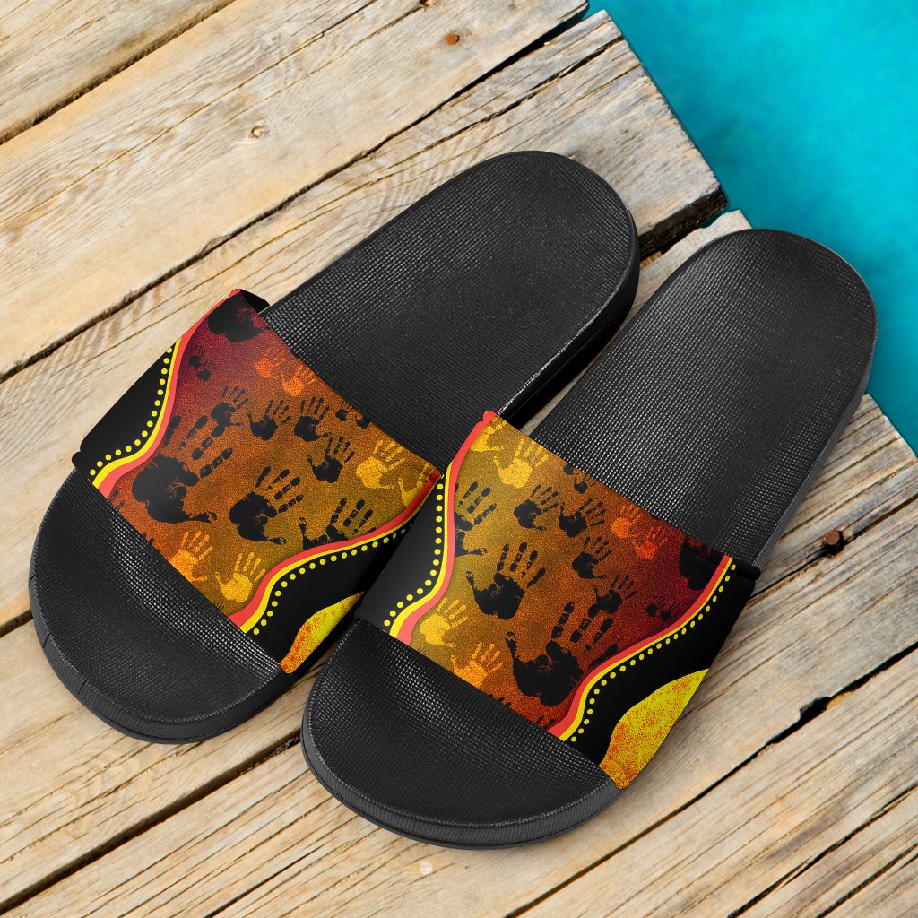 slide-sandals-indigenous-rock-painting-hand-art-golden-style-black