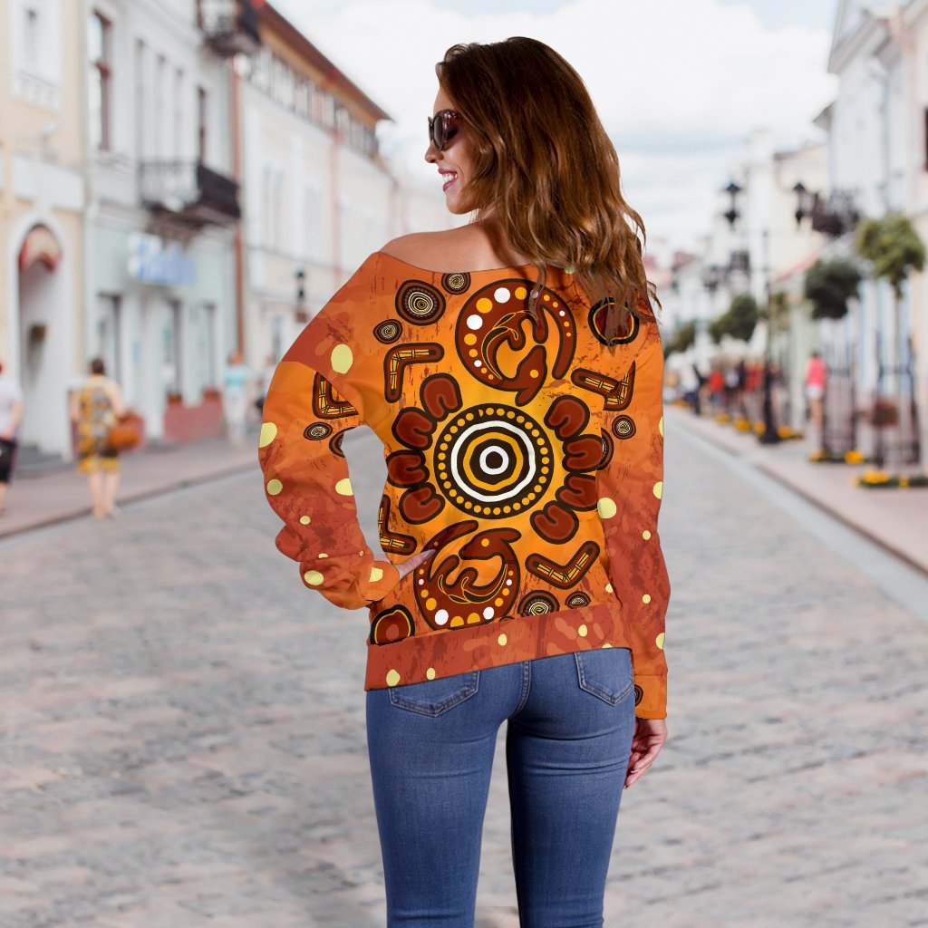 Aboriginal Women's Off Shoulder  - Baby Kangaroo And Dot Painting Patterns - Vibe Hoodie