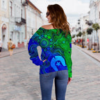 [Custom] Aboriginal Women's Off Shoulder Sweater , Torres Strait Islands Flag - Vibe Hoodie
