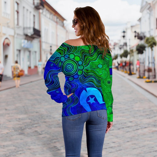 [Custom] Aboriginal Women's Off Shoulder Sweater , Torres Strait Islands Flag - Vibe Hoodie