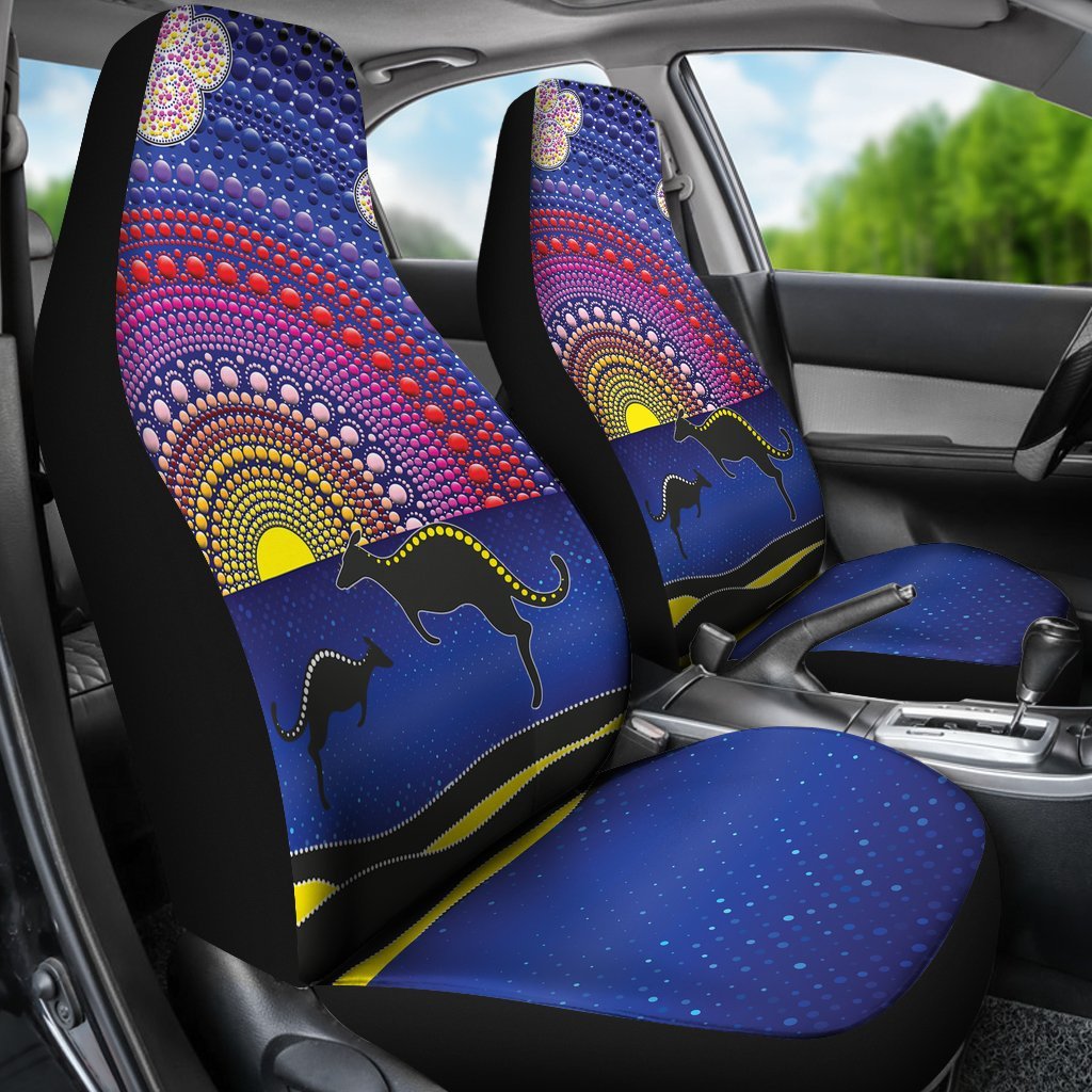 aboriginal-car-seat-covers-sunset-over-the-sea-and-kangaroo-dot-painting