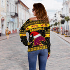 Brisbane Women Off Shoulder Sweater Broncos Christmas Unique Vibes - Black - Vibe Hoodie