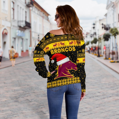 Brisbane Women Off Shoulder Sweater Broncos Christmas Unique Vibes - Black - Vibe Hoodie