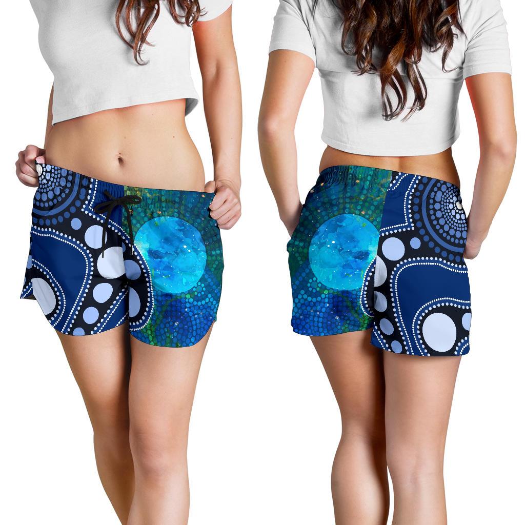 Aboriginal Women's Shorts - Australia Indigenous Flag Circle Dot Painting Art (Blue) - Vibe Hoodie