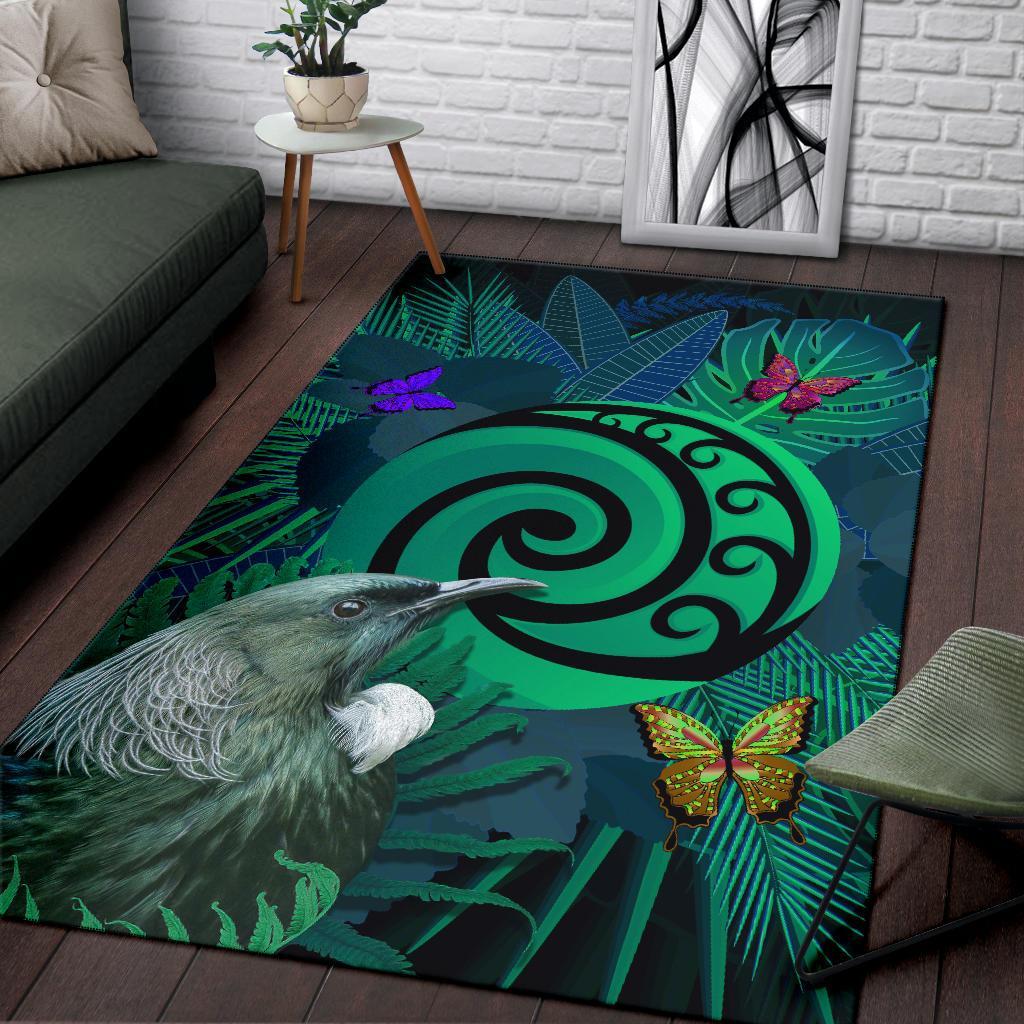 new-zealand-area-rug-koru-fern-mix-tui-bird-tropical-floral-turquoise