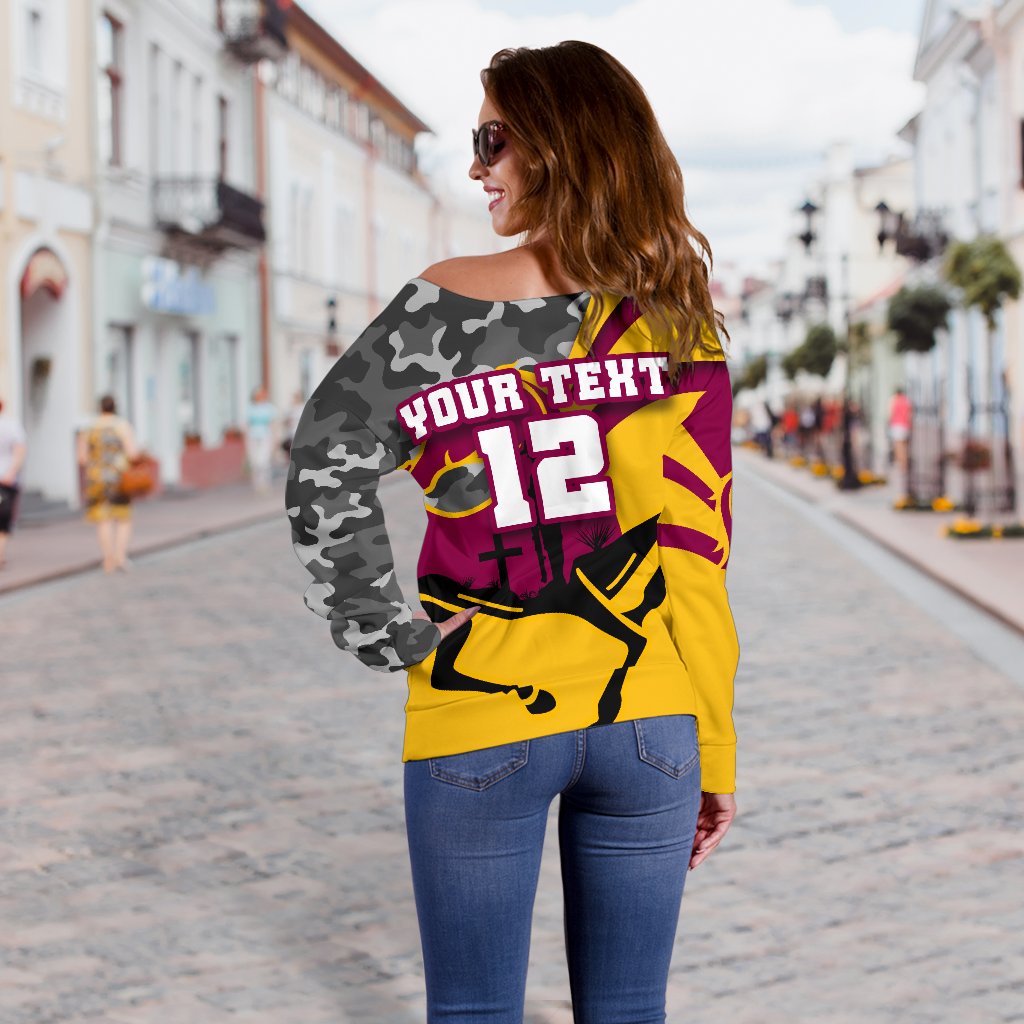 (Custom Personalised) Brisbane Broncos Women's Off Shoulder Sweater Anzac Day - Camo Style - Vibe Hoodie