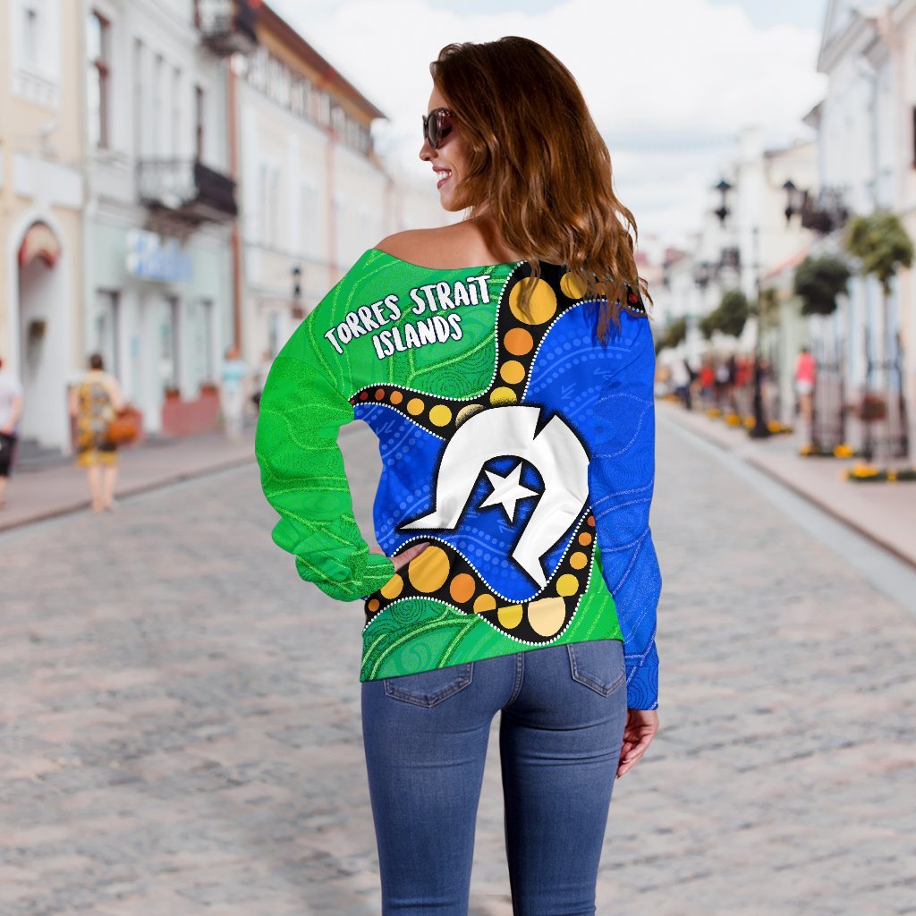 Torres Strait Islands Women's Off Shoulder Sweater -  Flag with Aboriginal Patterns - Vibe Hoodie