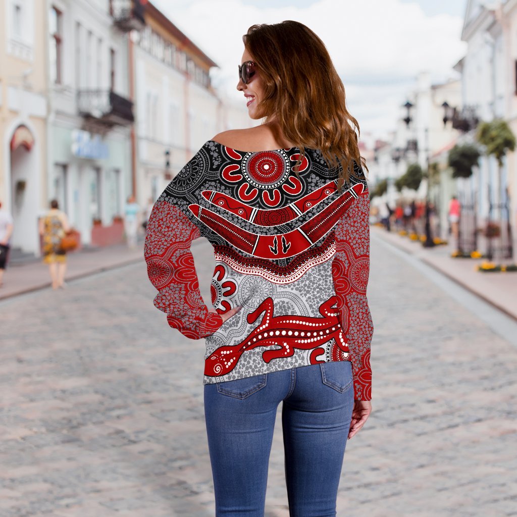 Aboriginal Women's Off Shoulder Sweater - Indigenous Boomerang and Lizard Art - Vibe Hoodie