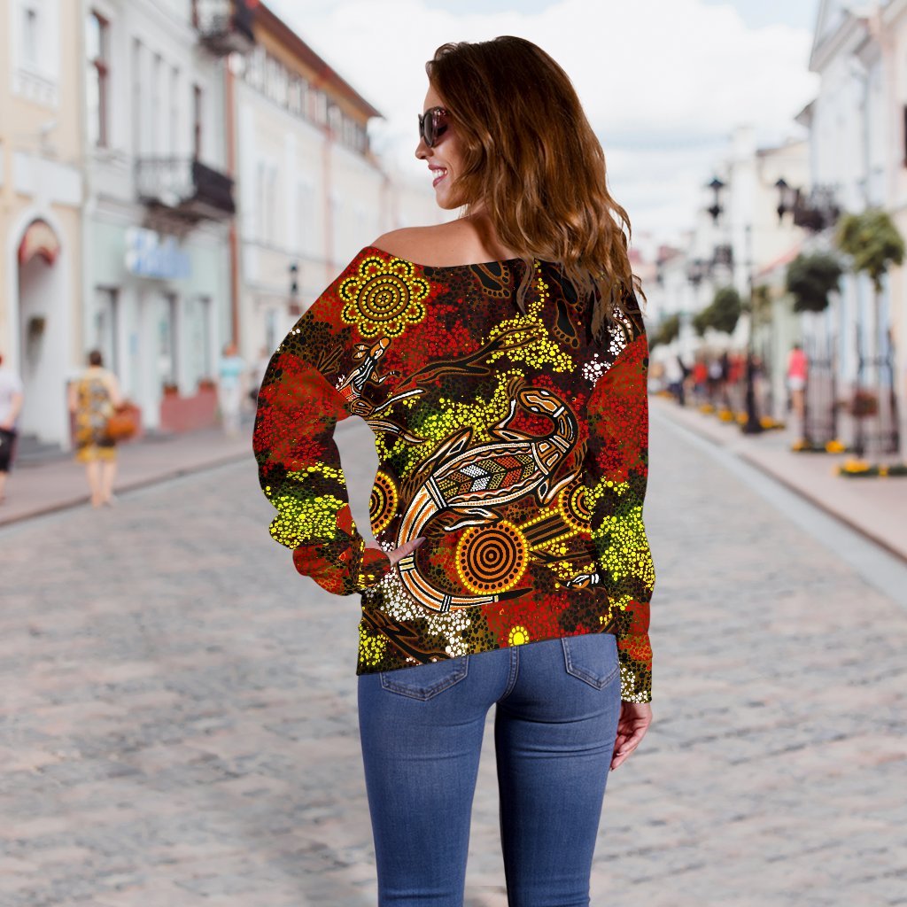 [Custom] Aboriginal Women's Off Shoulder Sweater , Kangaroo and Lizard Dot Painting Art - Vibe Hoodie