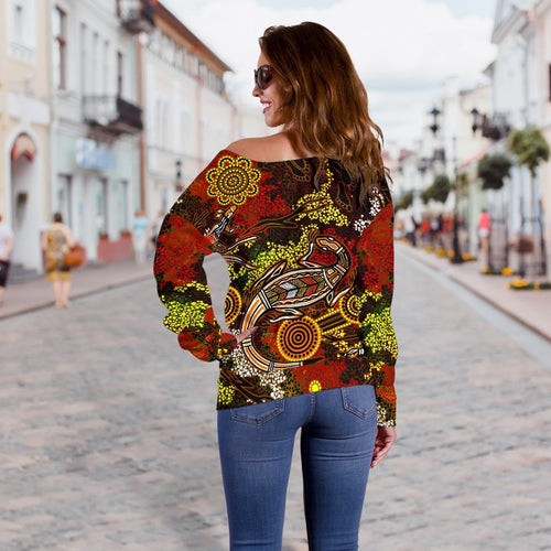 [Custom] Aboriginal Women's Off Shoulder Sweater , Kangaroo and Lizard Dot Painting Art - Vibe Hoodie