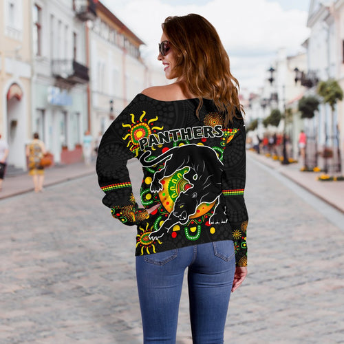 Penrith Women Off Shoulder Sweater Indigenous Panthers - Black - Vibe Hoodie