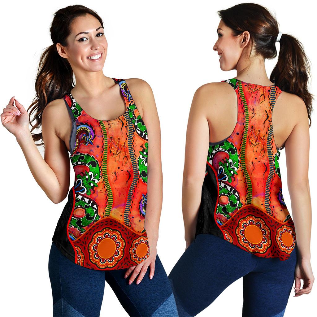 Aboriginal Women's Racerback Tank - Aussie Indigenous Patterns Orange - Vibe Hoodie