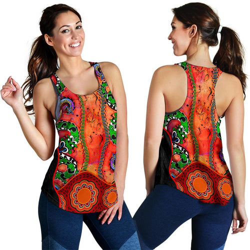 Aboriginal Women's Racerback Tank - Aussie Indigenous Patterns Orange - Vibe Hoodie
