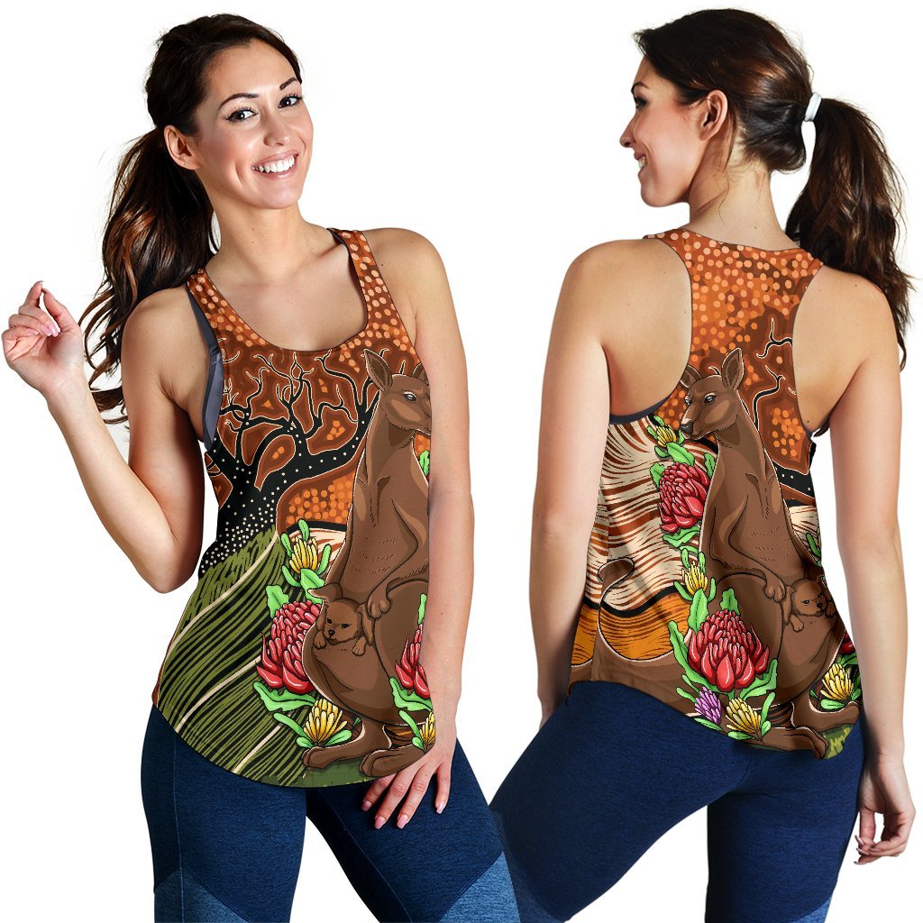 Aboriginal Women's Racerback Tank - Kangaroo With Indigenous Tree - Vibe Hoodie