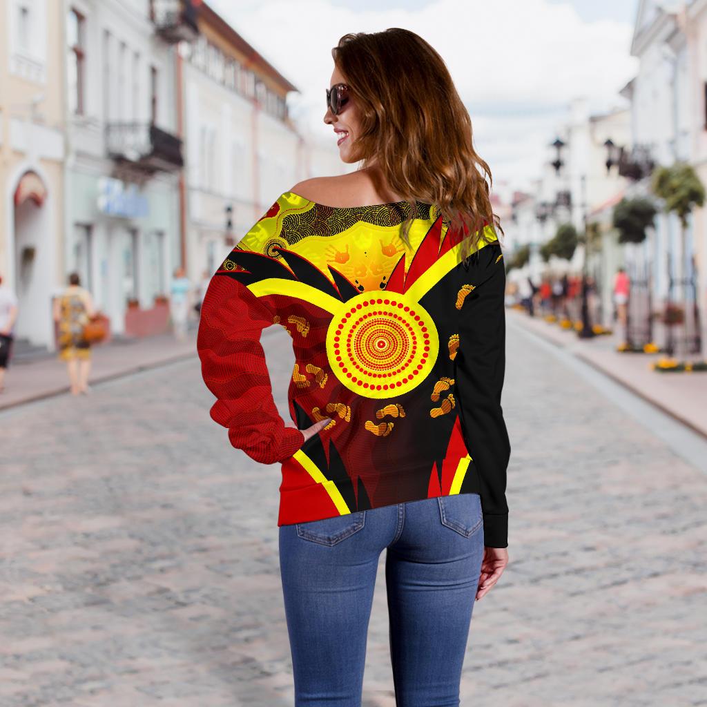 Aboriginal Shoulder Sweater -  Indigenous Flag With Footprint Hand Art - Vibe Hoodie