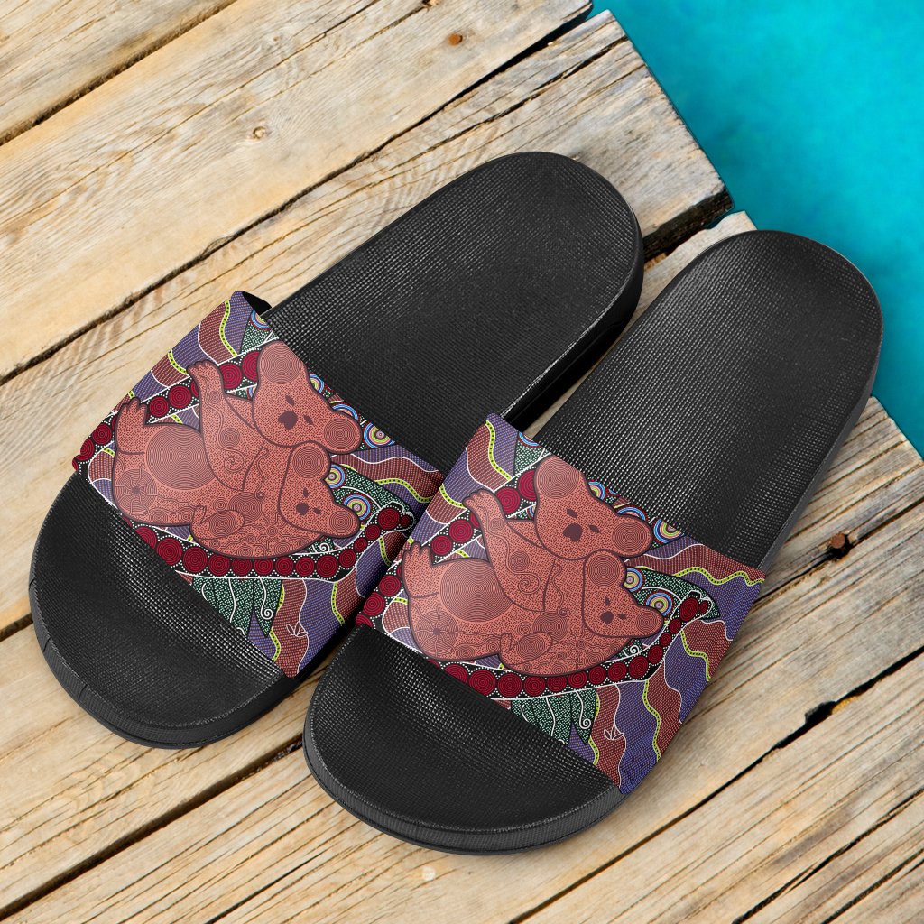 aboriginal-slide-sandals-koala-sun-dot-painting-circle-patterns-black