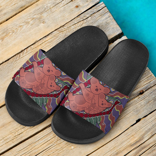 aboriginal-slide-sandals-koala-sun-dot-painting-circle-patterns-black