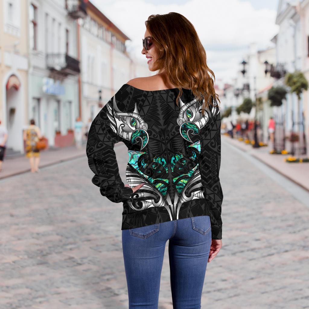 New Zealand Off Shoulder Sweater Manaia Paua Fern Wing - White - Vibe Hoodie