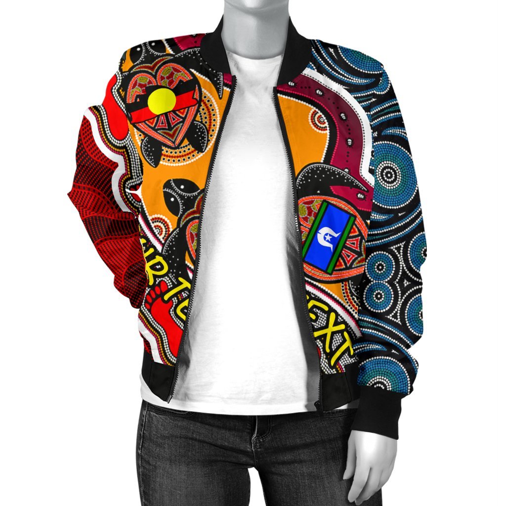 custom-womens-bomber-jacket-australia-aboriginal-dots-with-turtle-and-naidoc-flags