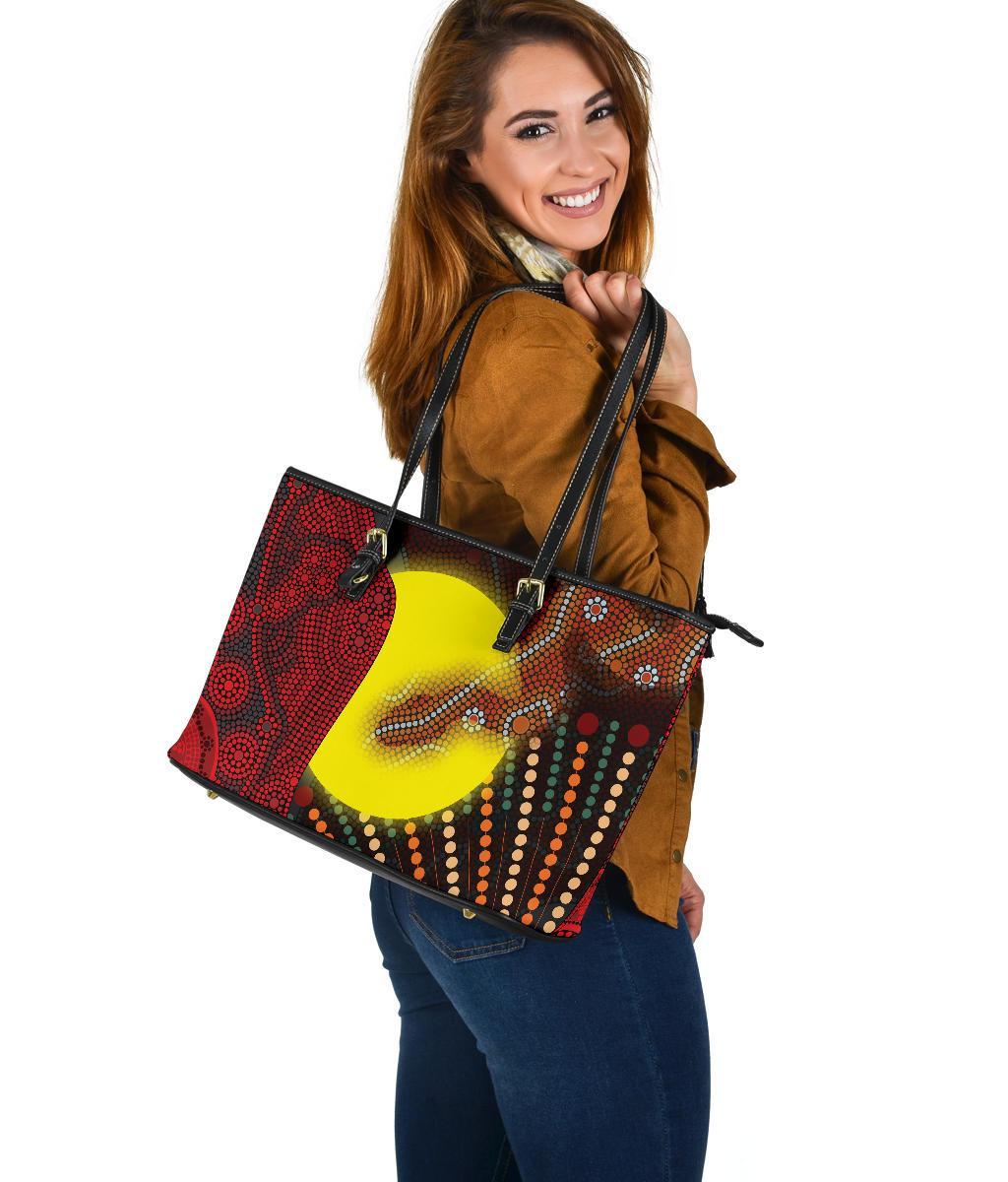 aboriginal-leather-tote-bag-indigenous-snake-sun-dot-painting