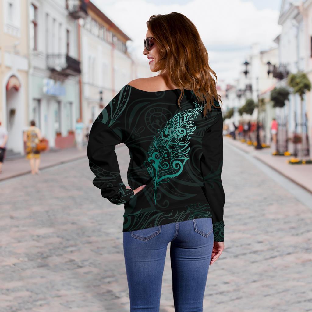 Light Silver Fern Off Shoulder Sweater - Turquoise - Vibe Hoodie