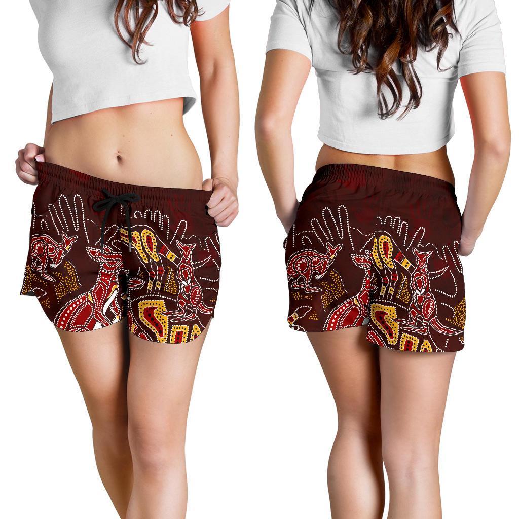 Aboriginal Women's Shorts - Kangaroo family with Hand Art - Vibe Hoodie
