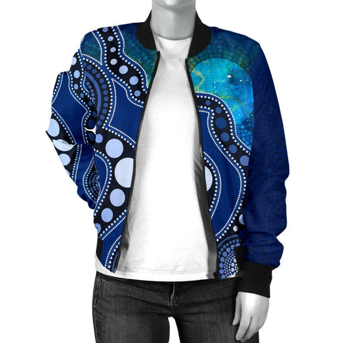 aboriginal-womens-bomber-jacket-australia-indigenous-flag-circle-dot-painting-art-blue