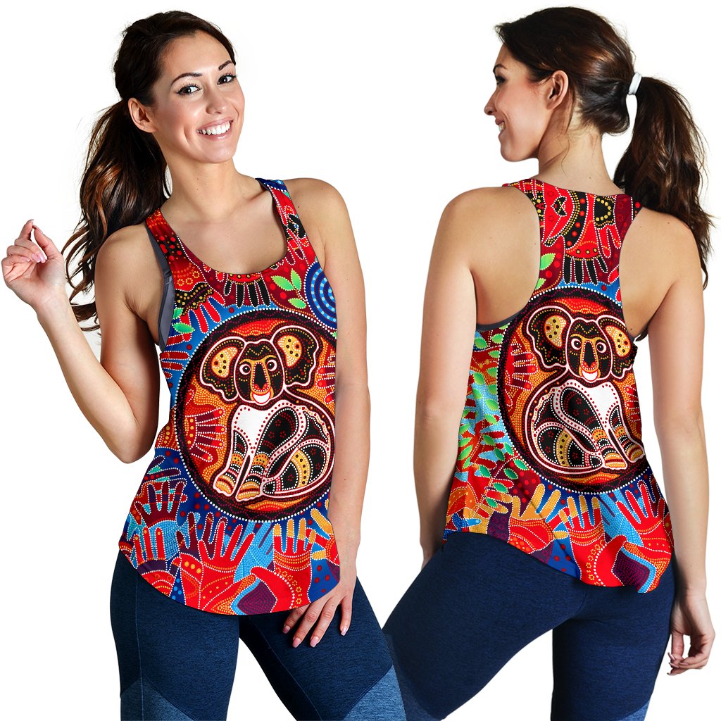 Aboriginal Women's Racerback Tank, Koala and Hand Art Dot Painting Tank Top - Vibe Hoodie